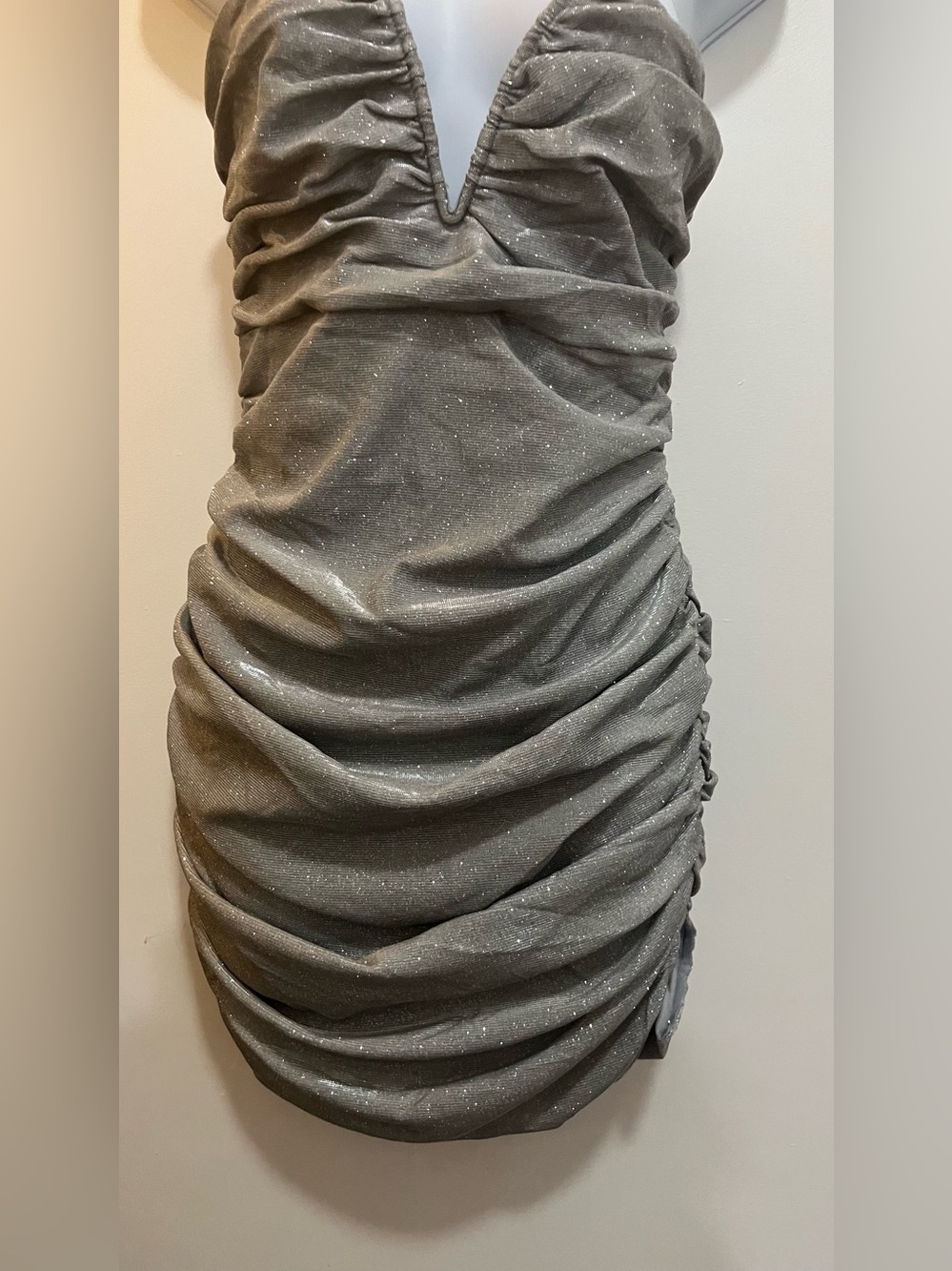 Ruched Metallic Grey Women’s Party Dress. FashionNova. NWT
